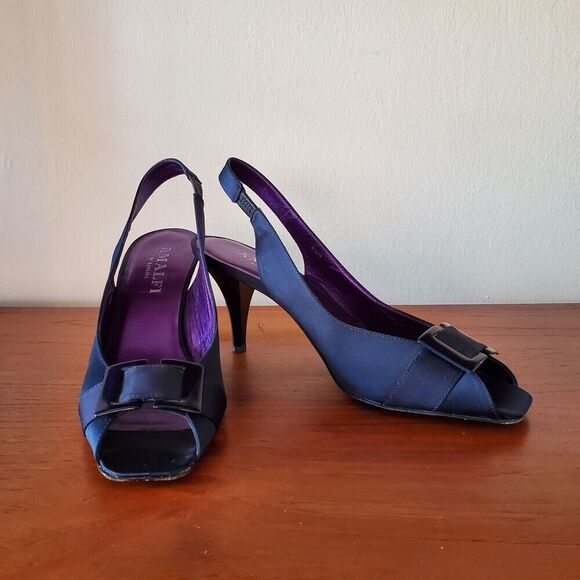 Vintage Amalfi by Rangoni Navy Silk Slingback Open Toe Heels Womens 8.5N Italian - Picture 1 of 5